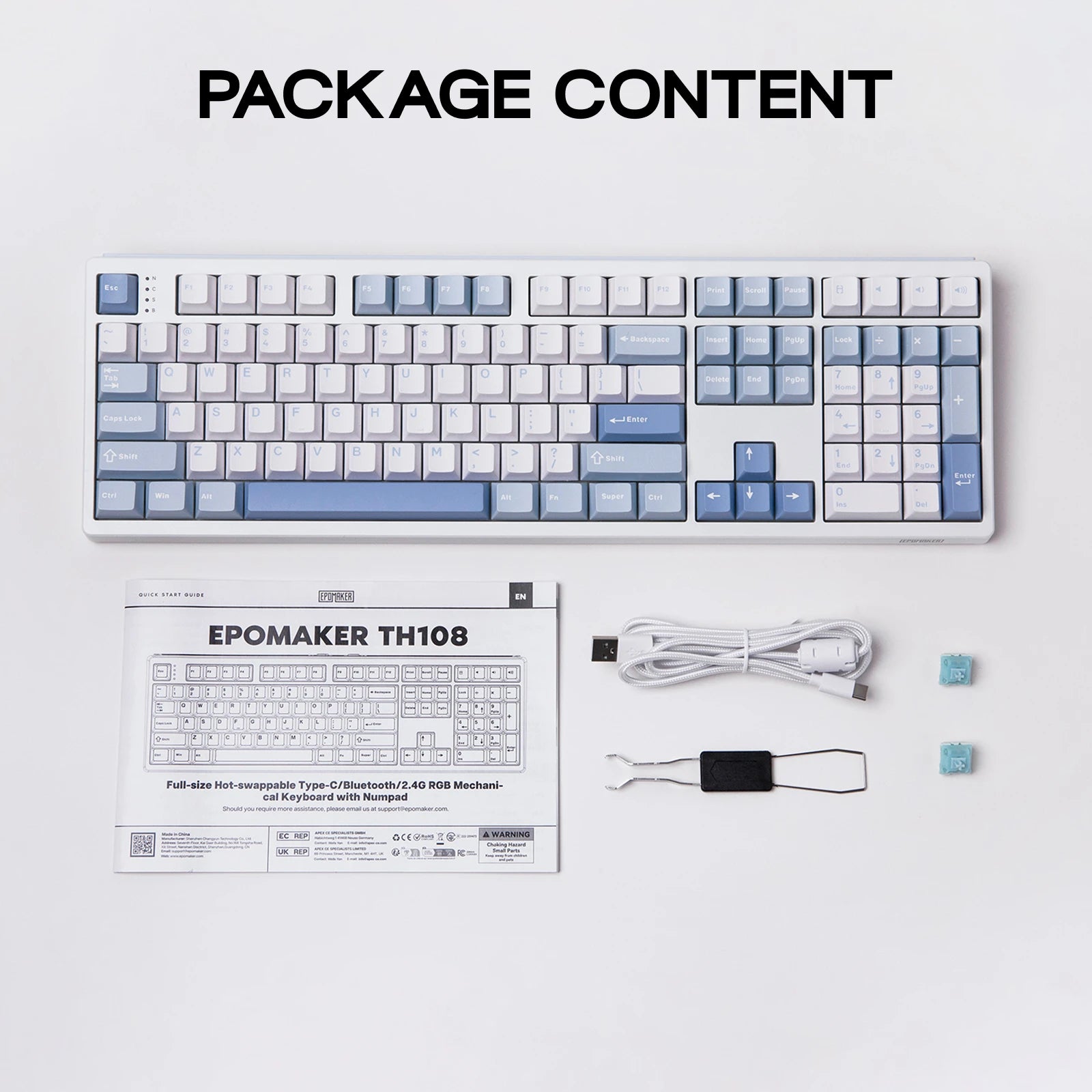 EPOMAKER TH108 100% Full Size Hot-Swap Gasket-Mounted Wired/Bluetooth/2.4Ghz Wireless Mechanical Keyboard with 8000mAh Battery