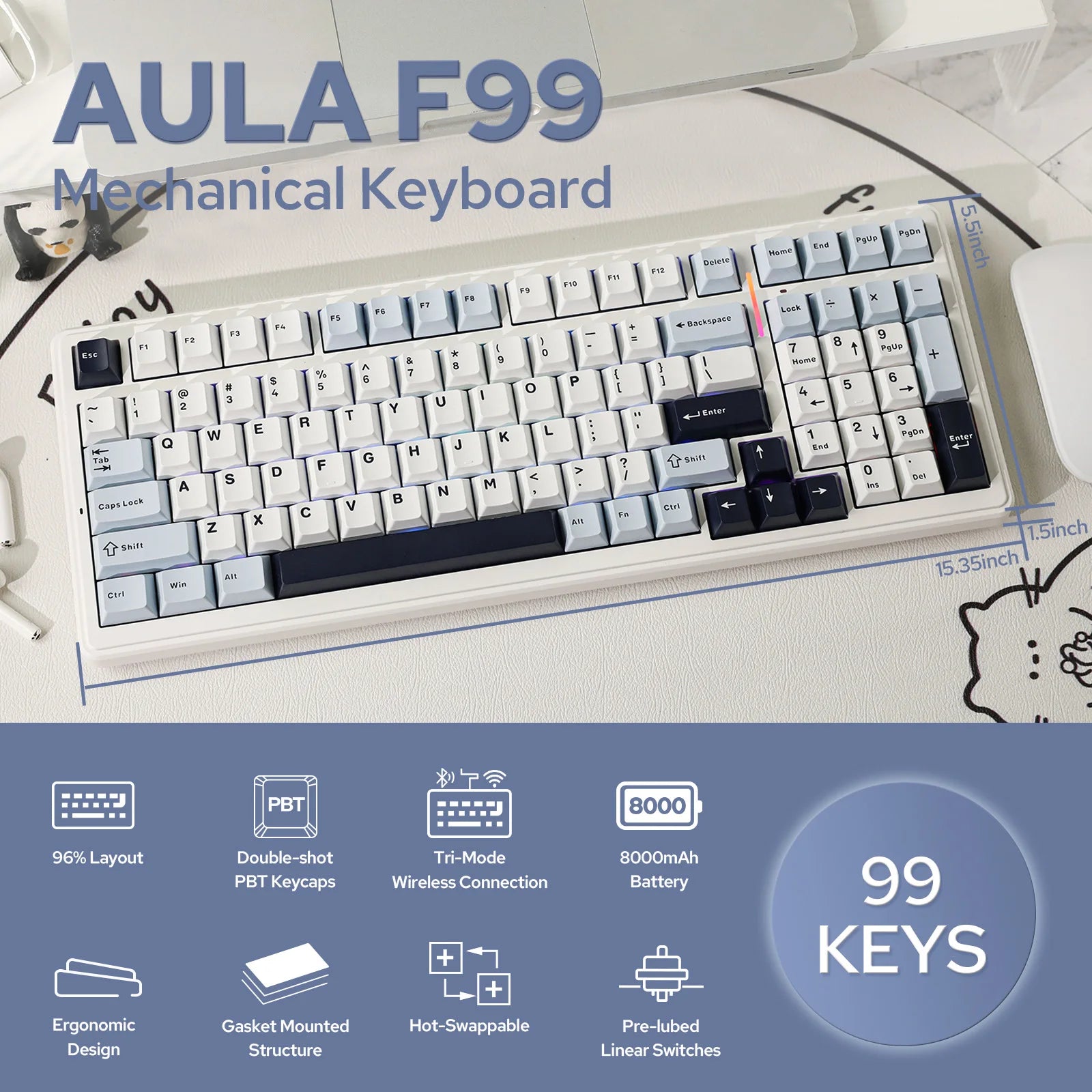 EPOMAKER x AULA F99 98% Gasket-Mounted Wired/BT/2.4GHz Wireless NKRO Mechanical Keyboard North-facing RGB 8000mAh Battery
