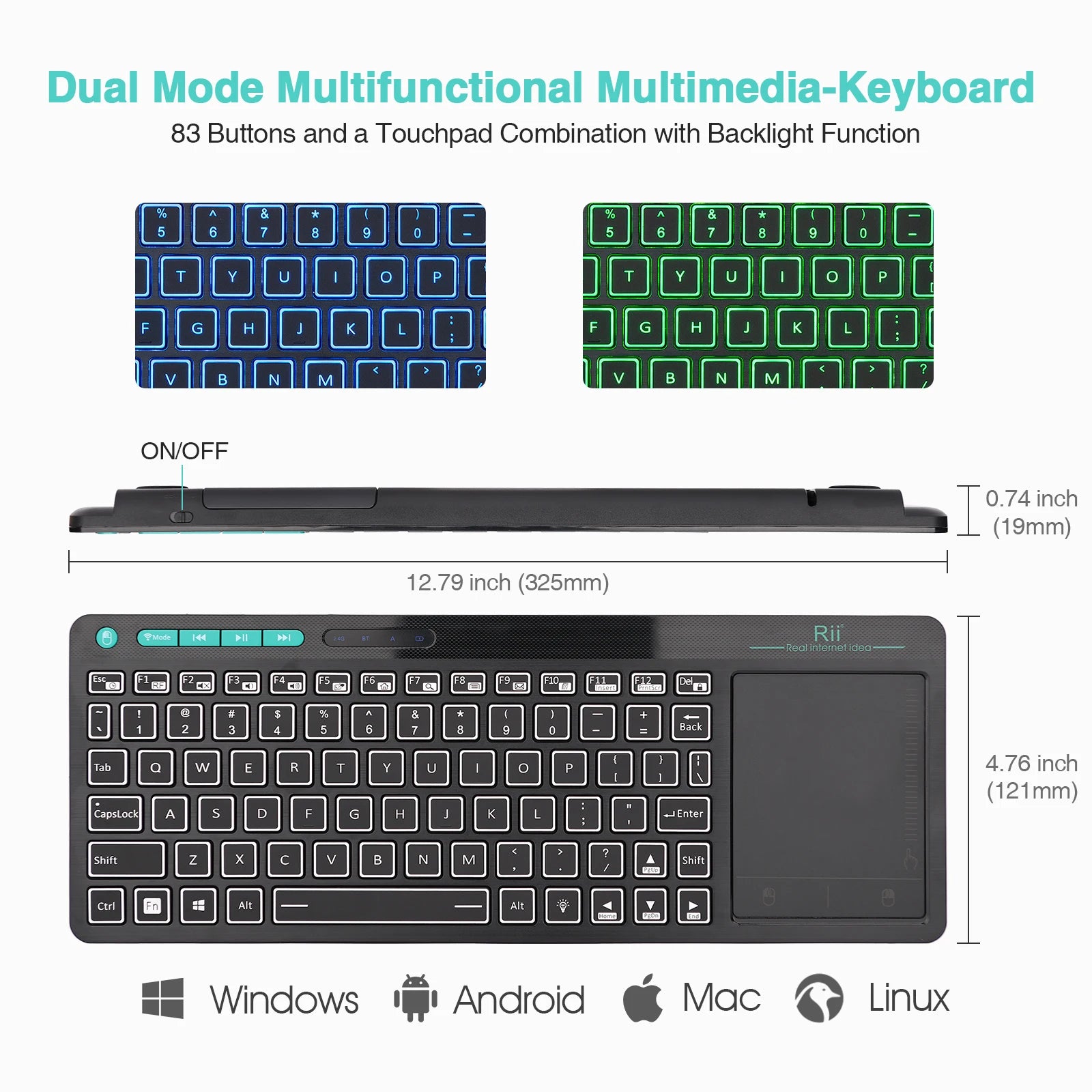 Rii K18S Mini Bluetooth Wireless 2-LED Color Backlit Multimedia Keyboard Mouse Rechargable Keyboard For Android TV Box /PC