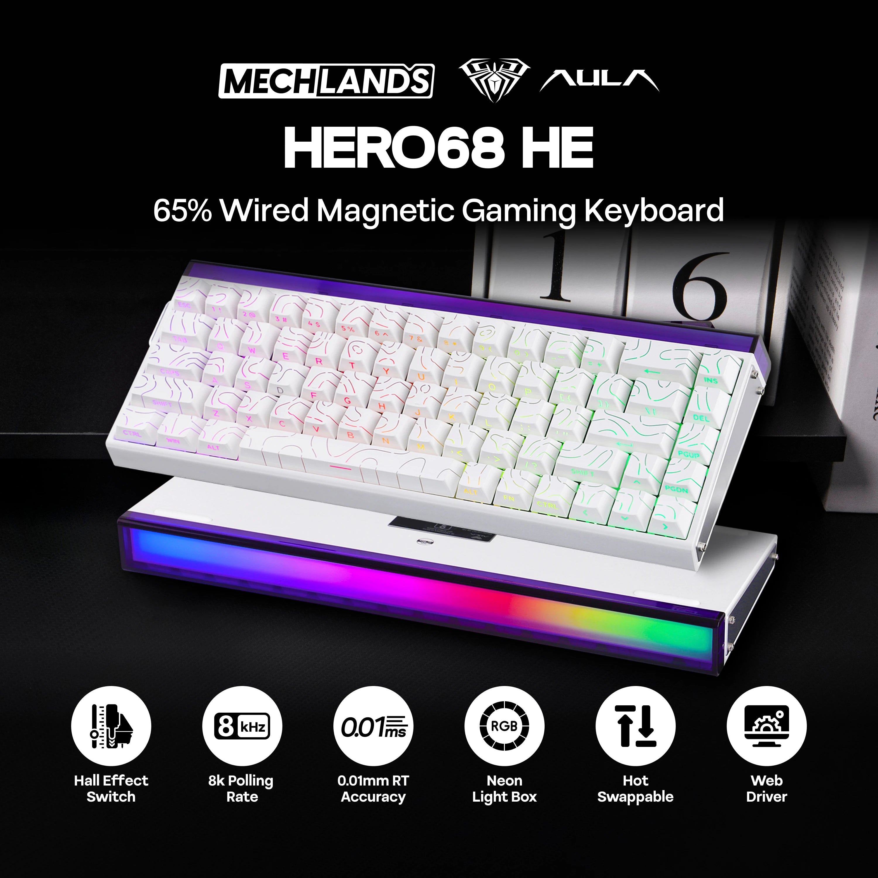 AULA Hero68 HE 65% ANSI US Layout Hot-Swap Wired Magnetic Gaming Keyboard 8kHZ Rapid Hall Effect Switch RGB Backlight Light Box