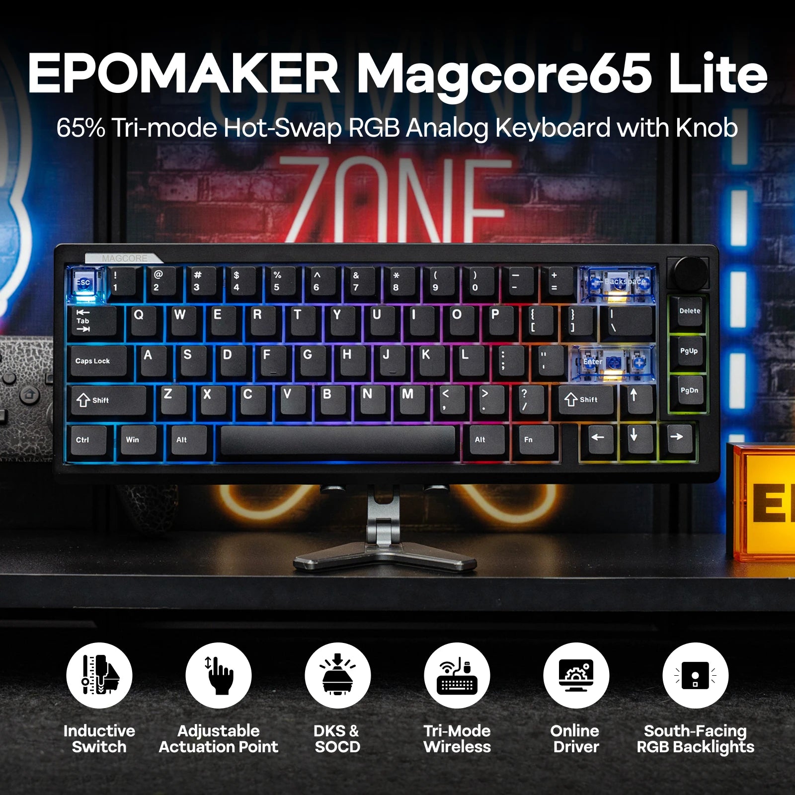 EPOMAKER Magcore65 Lite 65% US QWERTY Layout Wired/BT/2.4Ghz Wireless Mechanical Keyboard SOCD/DKS/MT 8K Polling RGB Backlit