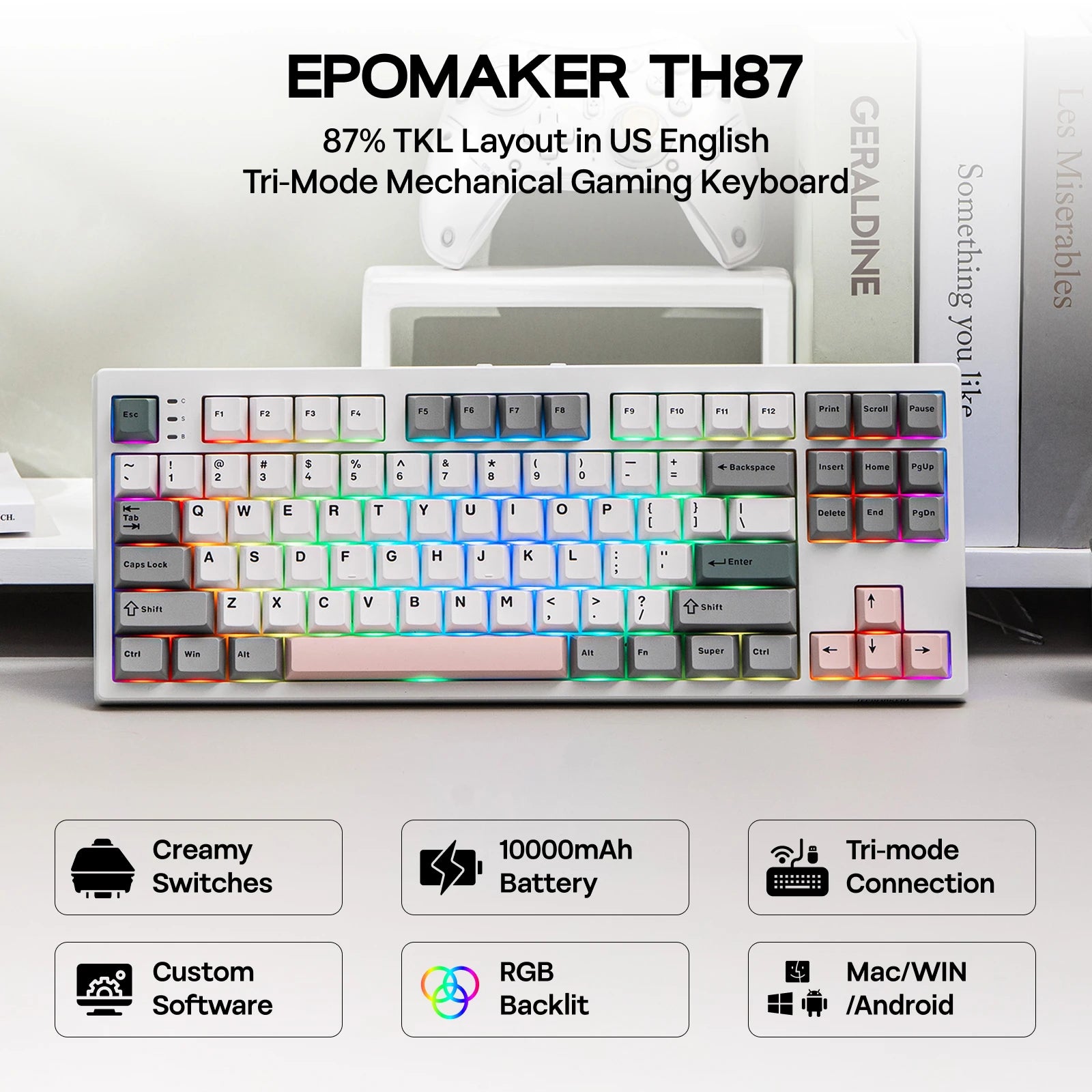 EPOMAKER TH87 TKL US ANSI Layout Gasket Wired/Bluetooth/2.4Ghz Wireless Mechanical Gaming Keyboard with 10000mAh Battery
