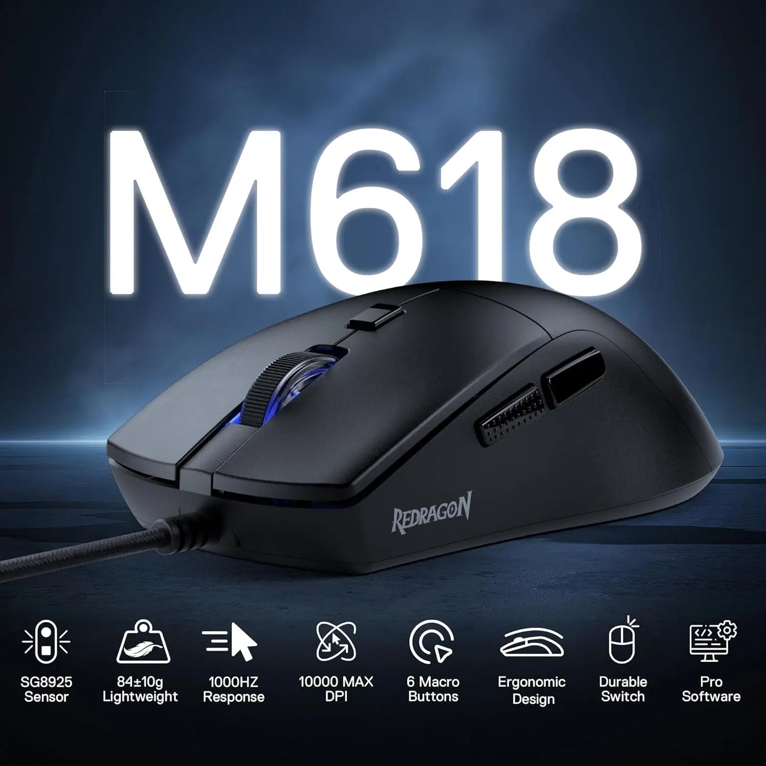 Redragon 618 Wired Gaming 10000 DPI Optical Ergonomic 6 Programmable Buttons, 84G Ultra Lightweight Mouse