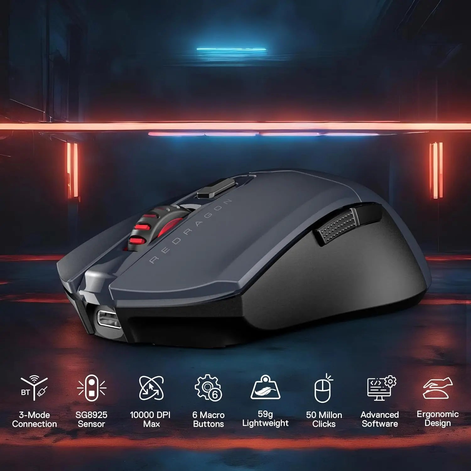 Redragon M995 LIT Wireless Gaming Mouse, 10000 MAX DPI Rechargeable Mouse, BT & 2.4G Wireless, 6 Macro Buttons