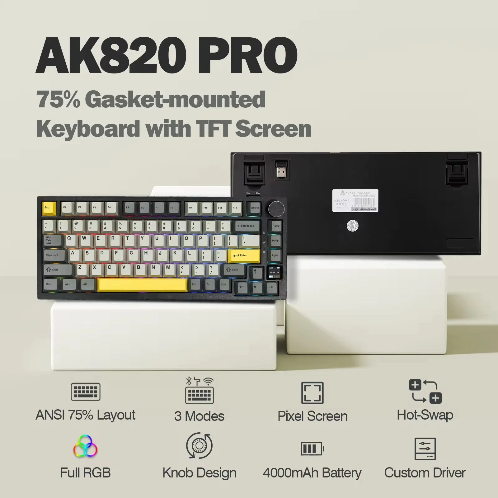 Ajazz AK820 Pro 75% Gasket-mounted Bluetooth 5.1/2.4G Wireless/Wired Mechanical Keyboard with TFT Screen for Mac/Win