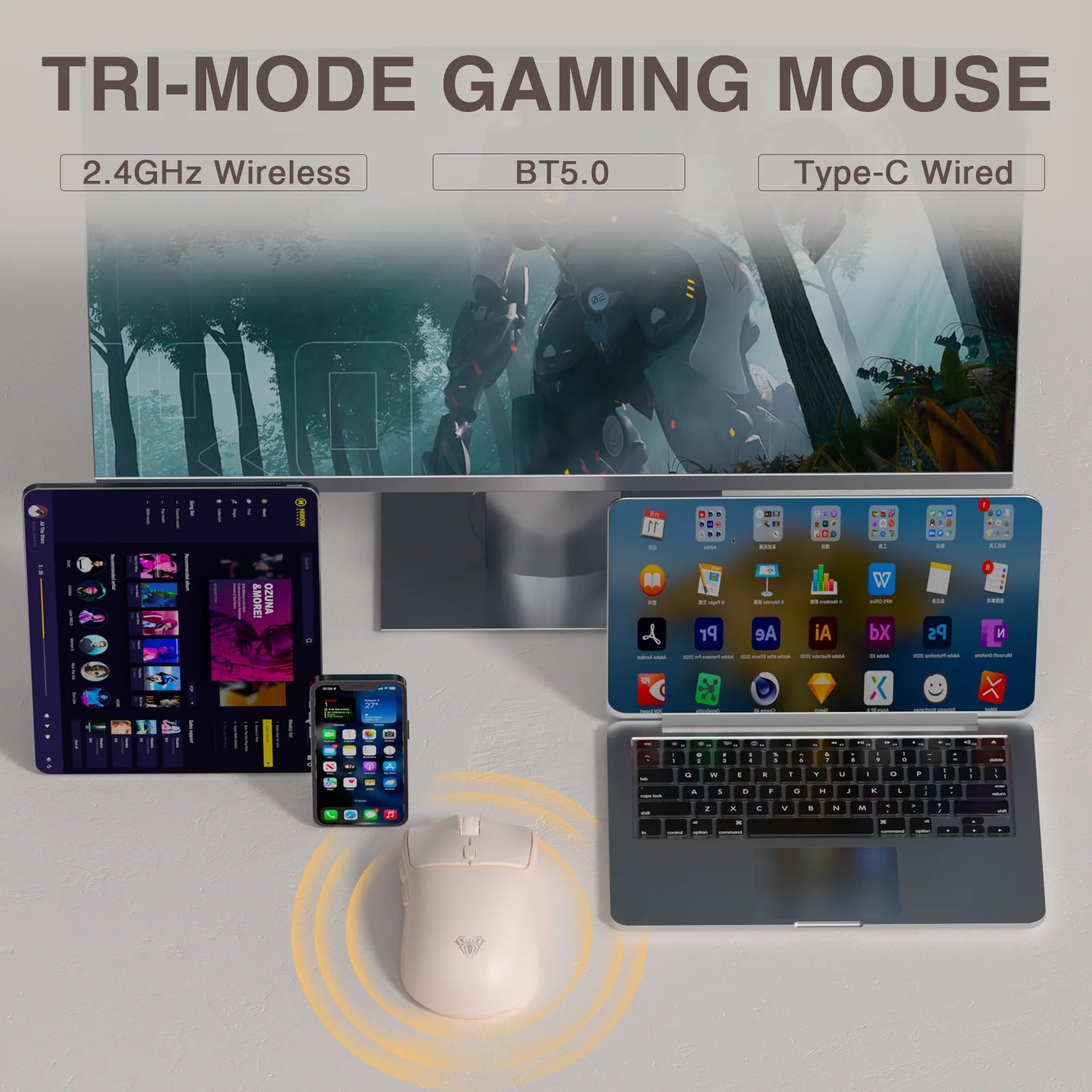 AULA SC580 Wireless Mouse Gaming Mouse 12800DPI Macro Buttons 1k Polling Rate Gaming Mouse