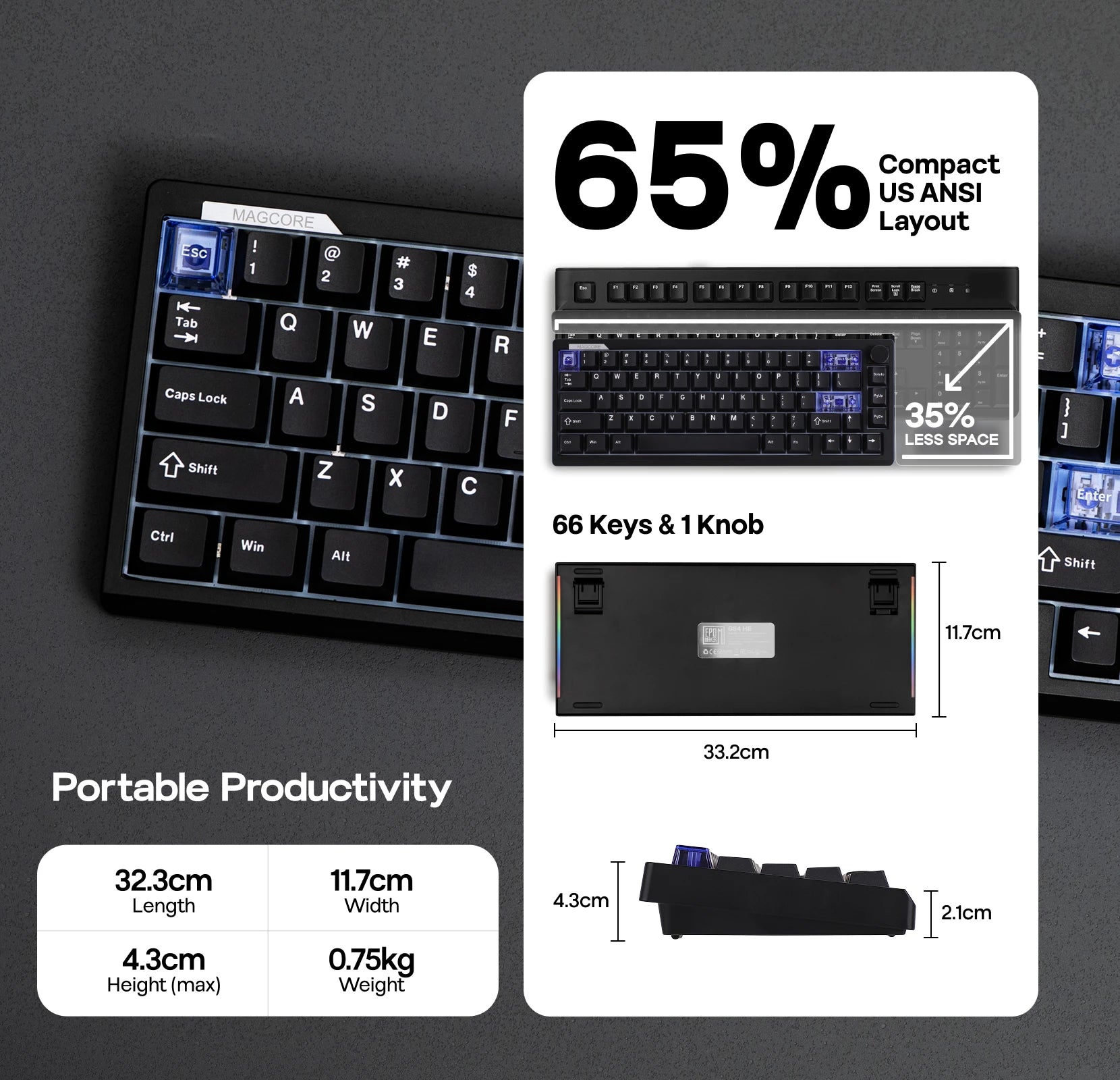 EPOMAKER Magcore65 Lite 65% US QWERTY Layout Wired/BT/2.4Ghz Wireless Mechanical Keyboard SOCD/DKS/MT 8K Polling RGB Backlit