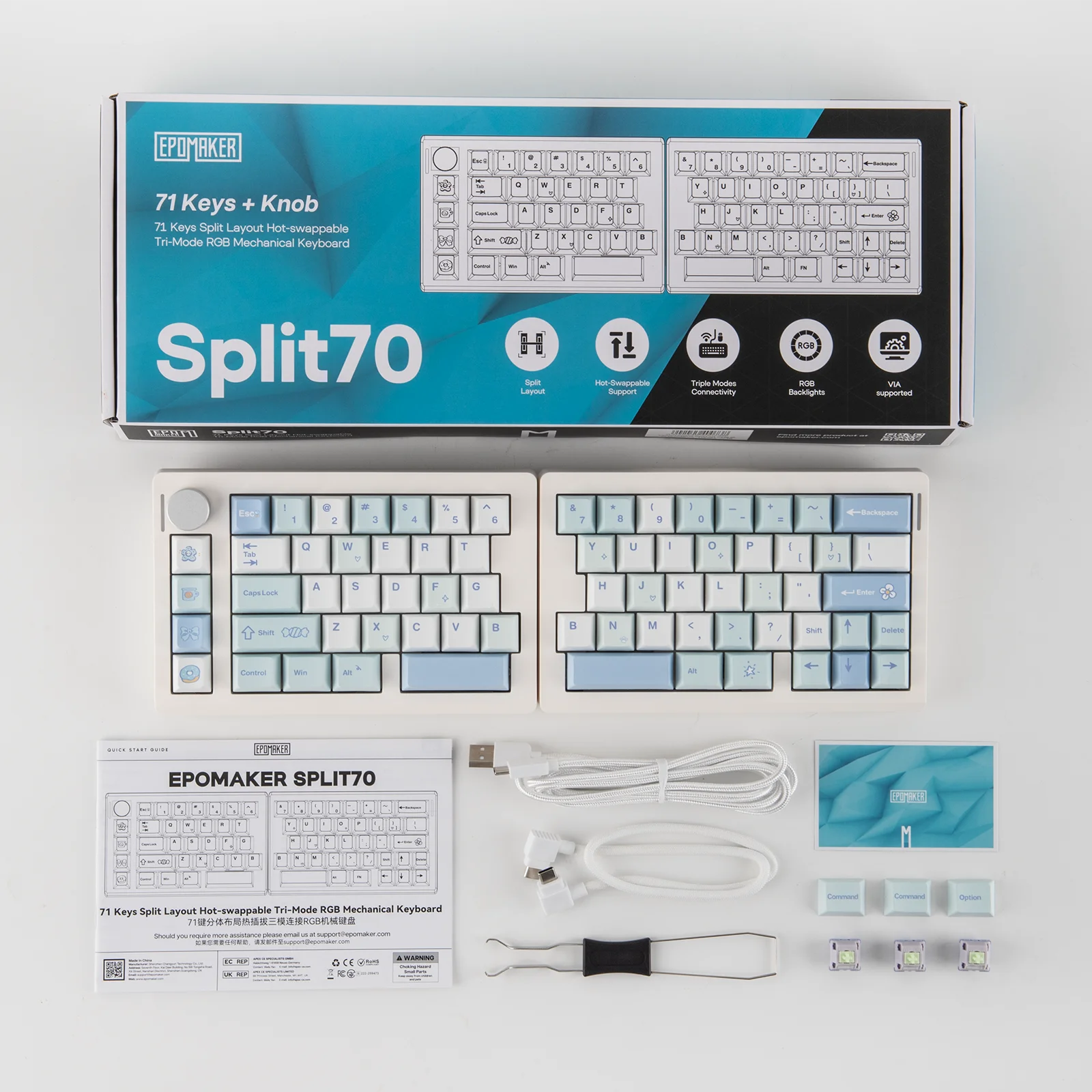 EPOMAKER Split70 QMK/VIA 70% Split Layout Hot-Swap Wired/BT/2.4Ghz Wireless Mechanical Gaming Keyboard with Programmable Knob