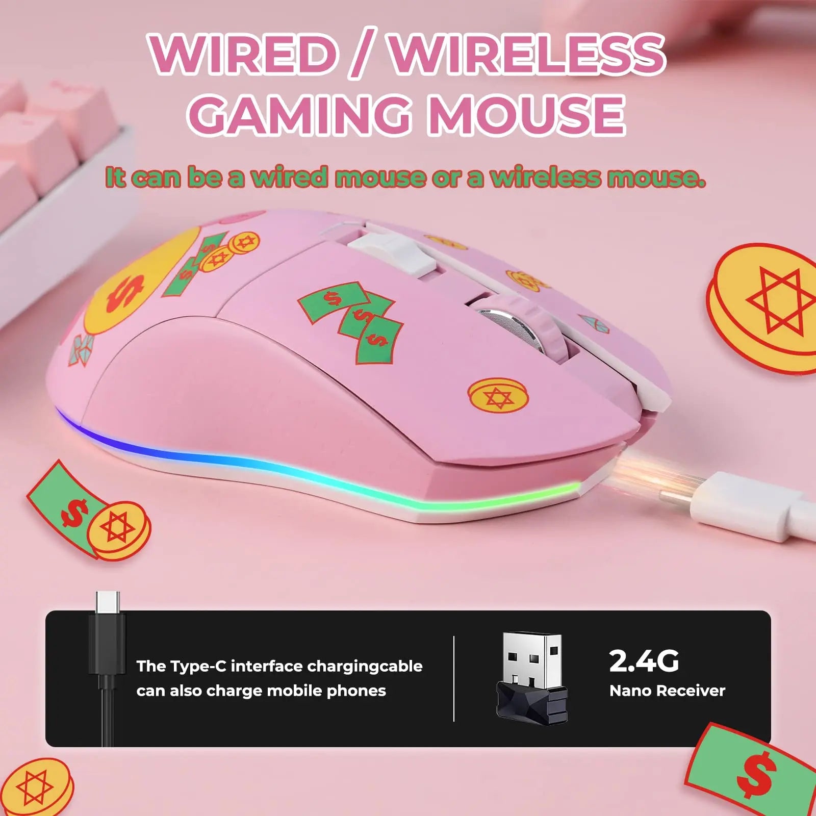 DAREU Dual Modes Gamer Mouse RGB 2.4G Wireless Wired Gaming Mice Built-in 930mAh Recharging Battery for PC Laptop
