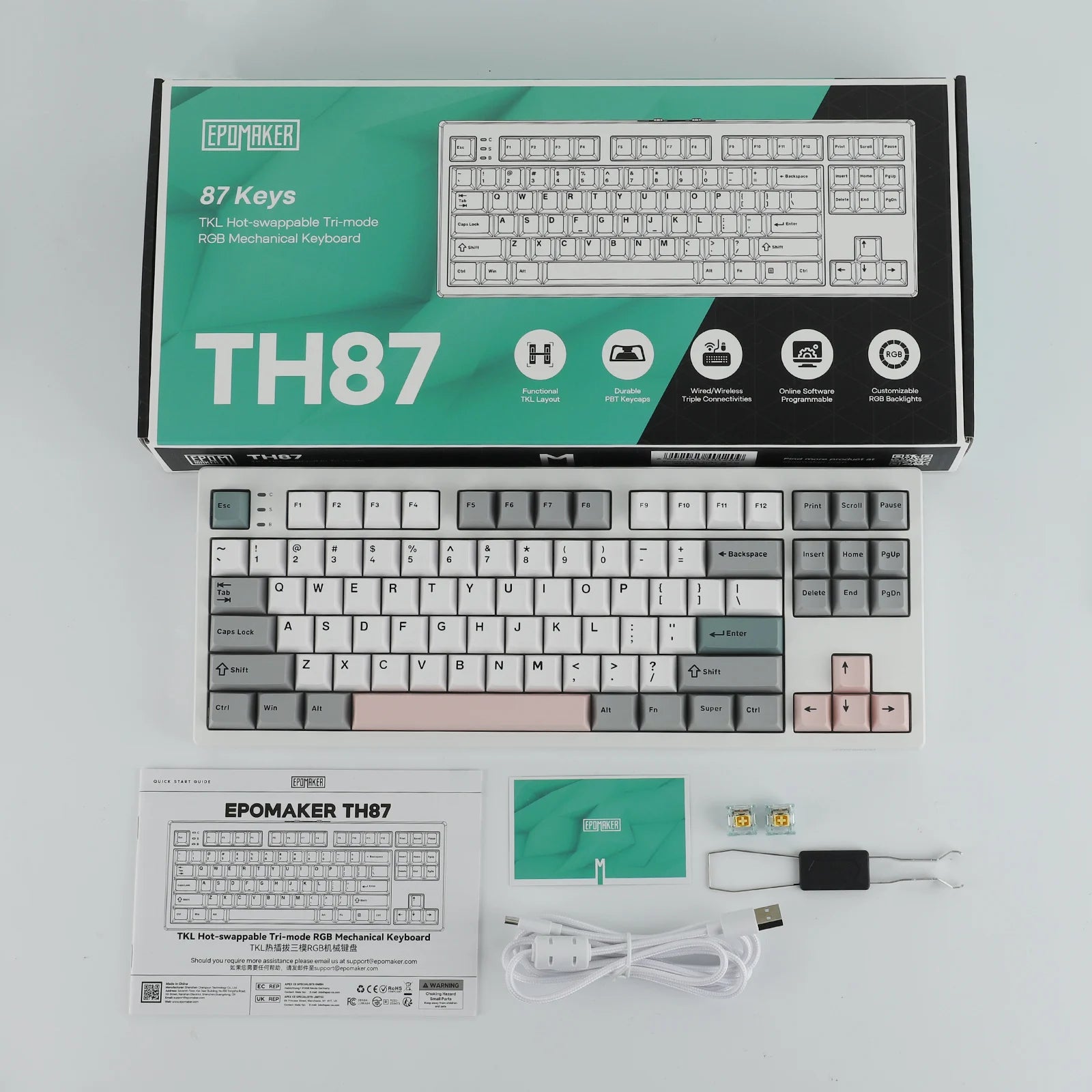 EPOMAKER TH87 TKL US ANSI Layout Gasket Wired/Bluetooth/2.4Ghz Wireless Mechanical Gaming Keyboard with 10000mAh Battery