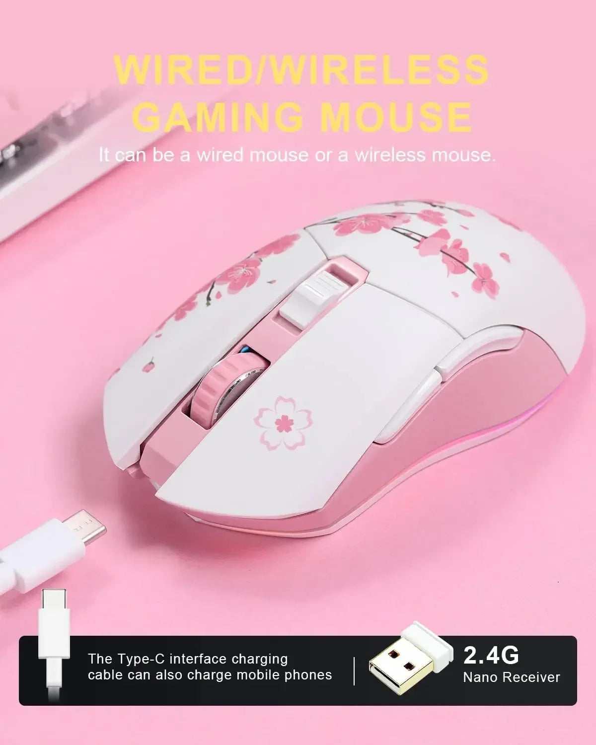 DAREU Sakura Pink Wireless Wired Gaming Mouse Dual-Mode Rechargeable 7 Buttons DPI RGB and 7 Adjustable DPI for PC Notebook Mac