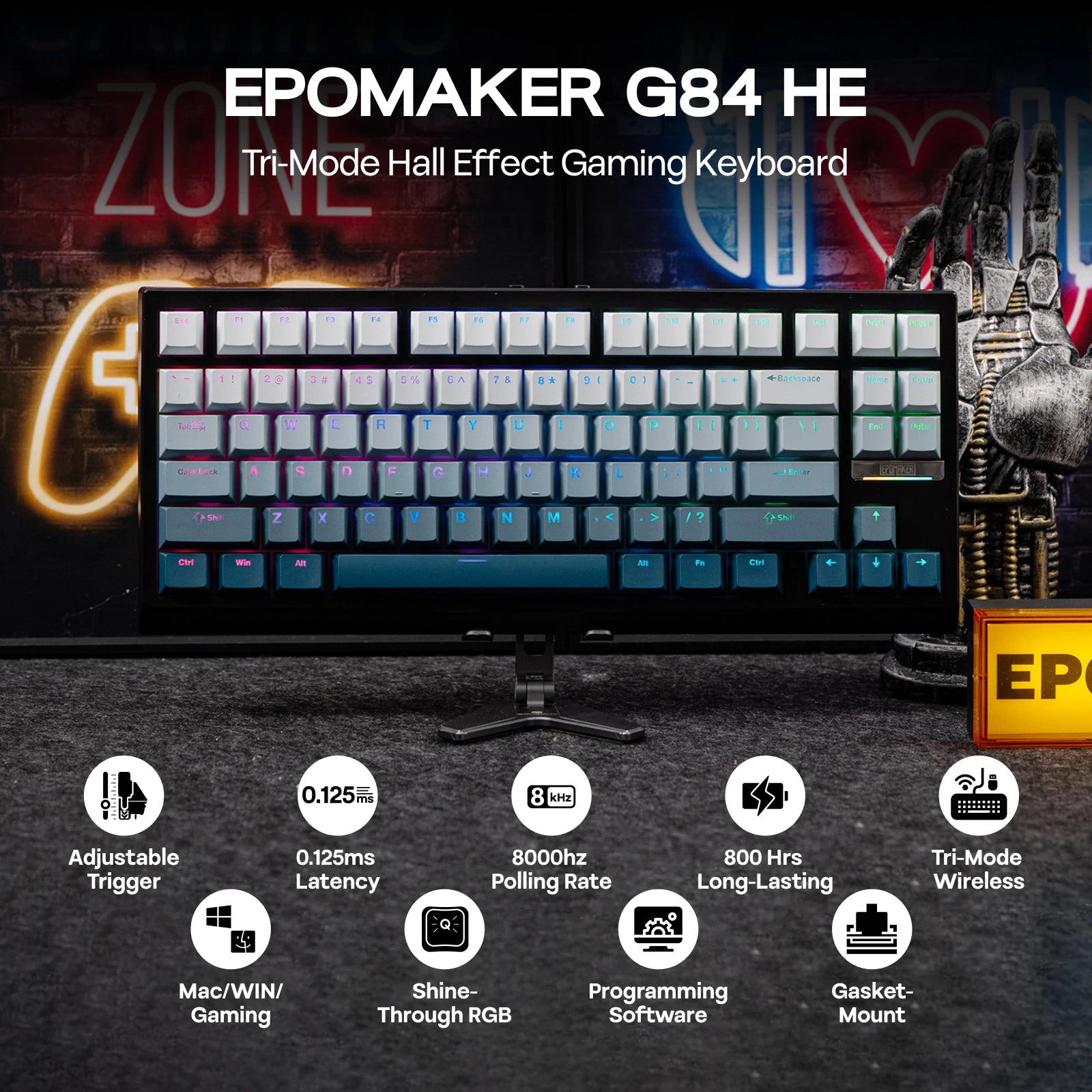 EPOMAKER G84 HE 75% ANSI US Layout Wired/BT/2.4Ghz Wireless Hall Effect Magnetic Mechanical Keyboard with DKS & SOCD Support